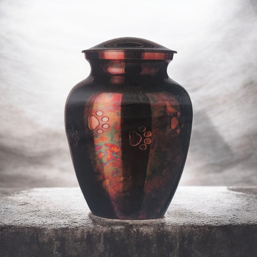 Best Friends Multi Colored Pet Urn W/ Pawprints Raku Finish Medium Size- New